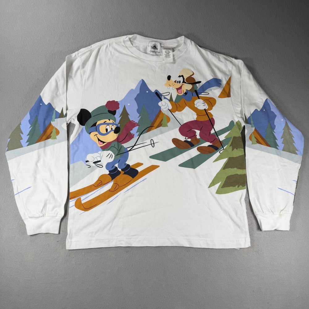 Disney Mickey Mouse Goofy Skiing Long Sleeve Graphic T-Shirt White Mens Medium